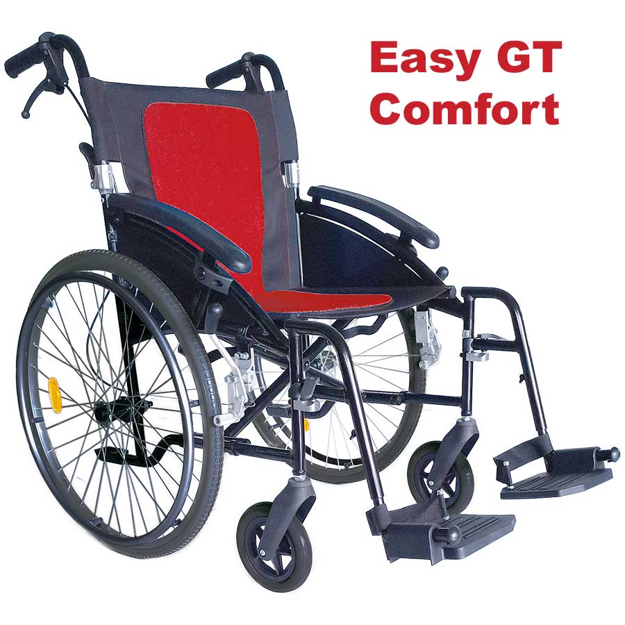 Reise-Rollstuhl Modell Easy GT Comfort blau mit Begleiterbremse rot