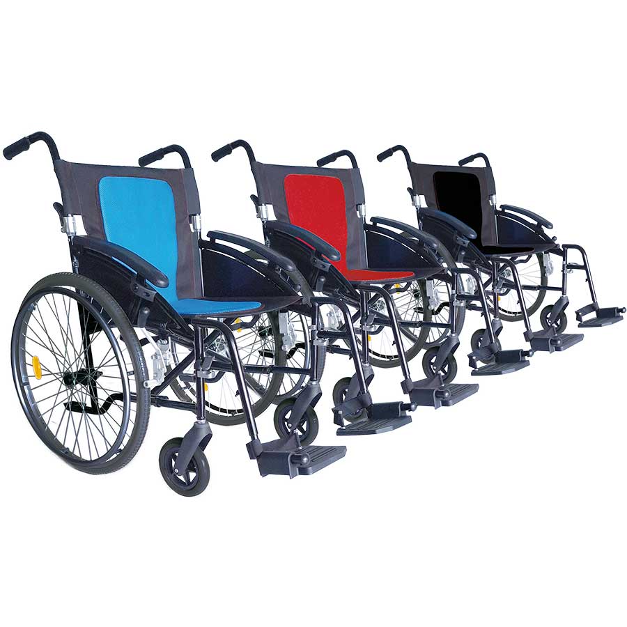 Reise-Rollstühle Modell Easy GT Bezüge blau, rot oder schwarz